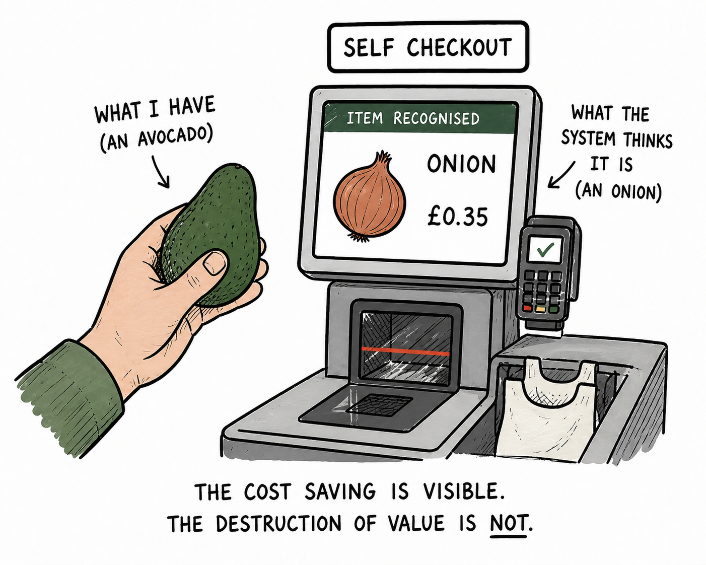 Illustration showing a hand holding an avocado while a self-checkout screen displays it as an onion priced at 35p. Caption reads: the cost saving is visible. The destruction of value is not.